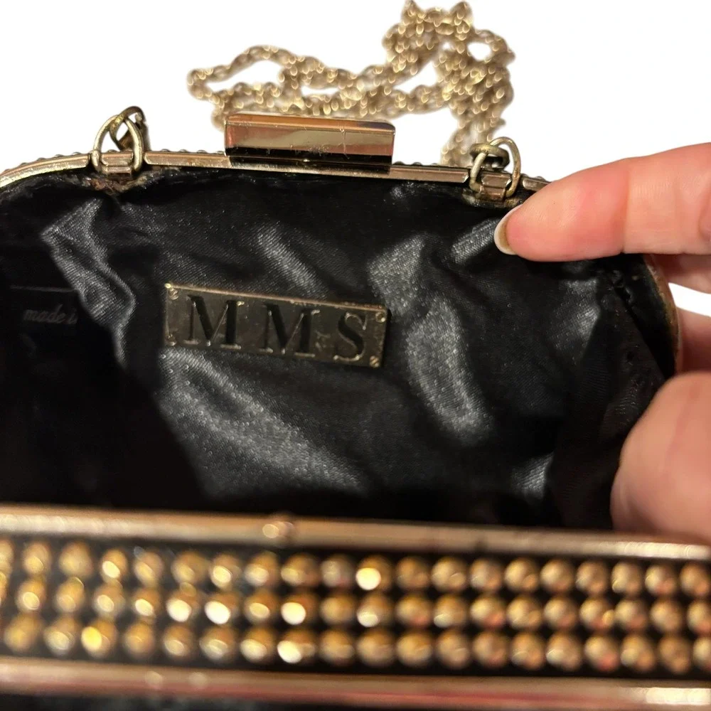 MMS‎ Black Pony Hair Studded Gold Frame Minaudiere Clutch Evening Bag